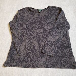 Lauren Ralph Lauren Top Womens 1X Grey Paisley Long Sleeve Pullover Shirt